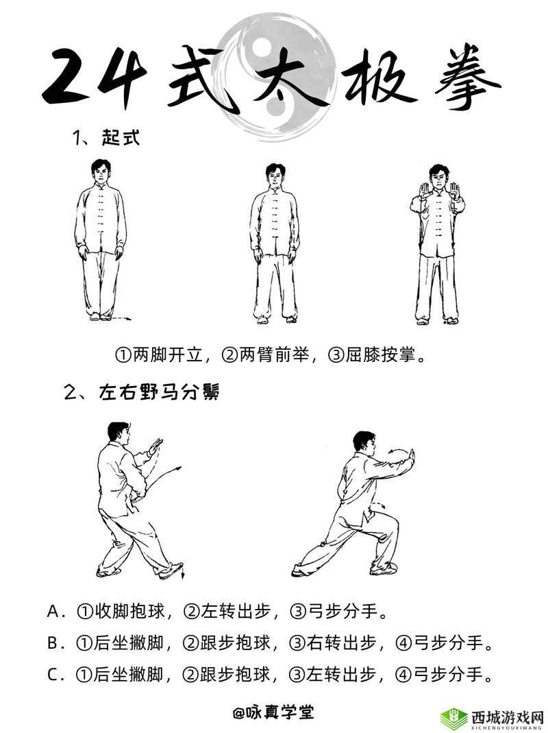 二十四式简化太极拳口令：起势、左右野马分鬃、白鹤亮翅、左右搂膝拗步、手挥琵琶、左右倒卷肱、左揽雀尾、右揽雀尾、单鞭、云手、单鞭、高探马、右蹬脚、双峰贯耳、转身左蹬脚、左下势独立、右下势独立、左右穿梭、海底针、闪通臂、转身搬拦捶、如封似闭、十字手、收势